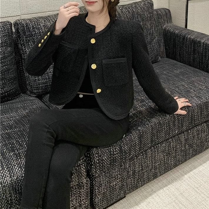 Crew Neck Plain Button-Up Tweed Crop Jacket