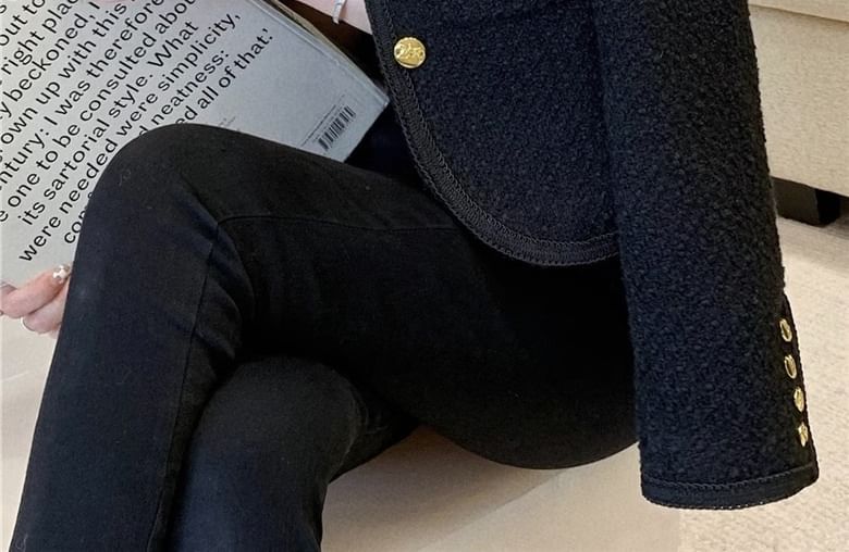 Crew Neck Plain Button-Up Tweed Crop Jacket