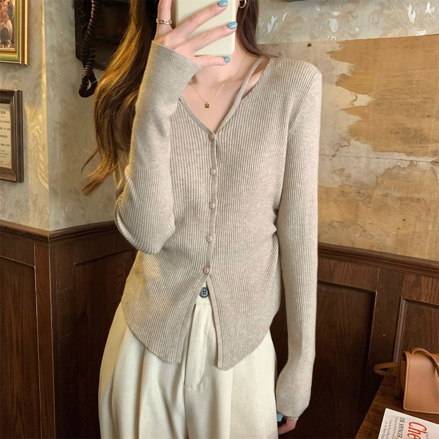 Long Sleeve V-Neck Plain Button Ribbed Knit Top