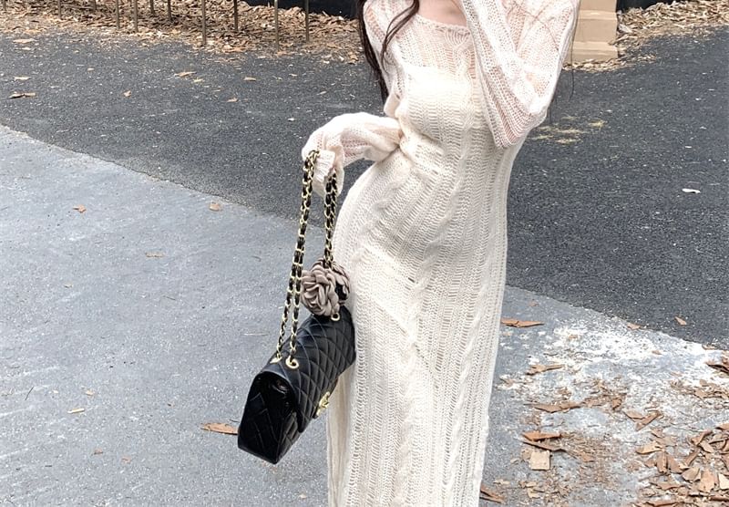 Spaghetti Strap Plain Velvet Midi Sheath Dress / Long Sleeve Round Neck Plain Cable Knit Maxi Sheath Dress