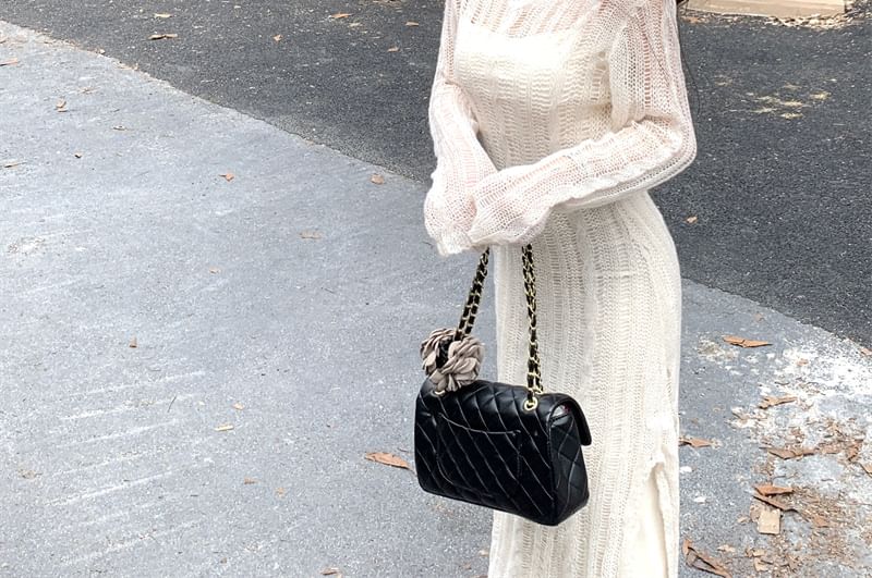 Spaghetti Strap Plain Velvet Midi Sheath Dress / Long Sleeve Round Neck Plain Cable Knit Maxi Sheath Dress