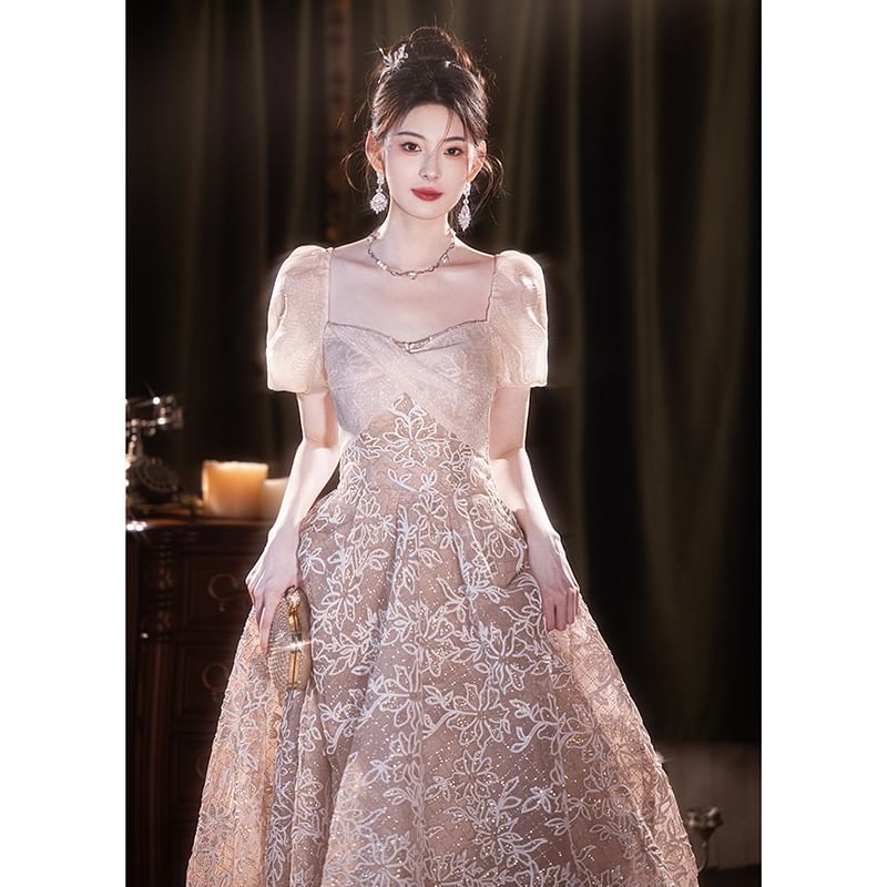 Short-Sleeve Square Neck Jacquard A-Line Evening Gown