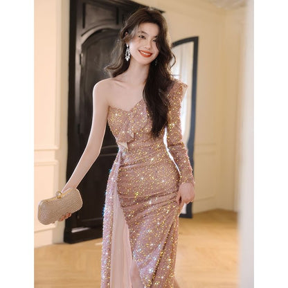 One-Sleeve Sequin Sheath Evening Gown