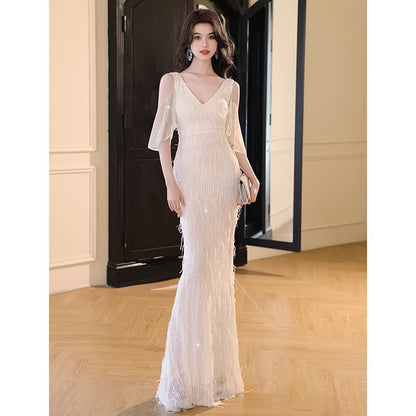 Elbow-Sleeve Cold Shoulder V-Neck Fringed Mermaid Evening Gown