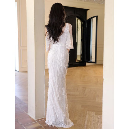 Elbow-Sleeve Cold Shoulder V-Neck Fringed Mermaid Evening Gown