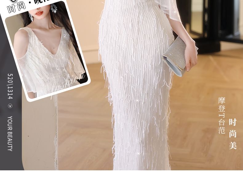 Elbow-Sleeve Cold Shoulder V-Neck Fringed Mermaid Evening Gown