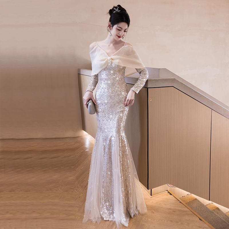 Long-Sleeve Glitter Mermaid Evening Gown