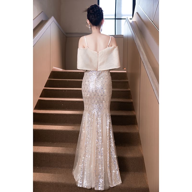 Long-Sleeve Glitter Mermaid Evening Gown