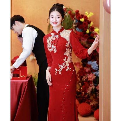 Long-Sleeve Embroidered Traditional Chinese Mermaid Cheongsam