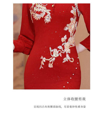 Long-Sleeve Embroidered Traditional Chinese Mermaid Cheongsam