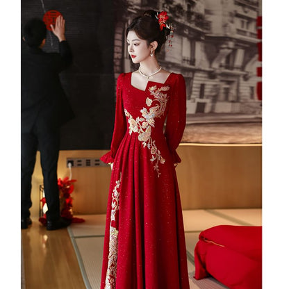 Long-Sleeve Square Neck Embroidered A-Line Evening Gown