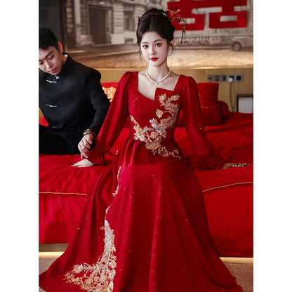 Long-Sleeve Square Neck Embroidered A-Line Evening Gown