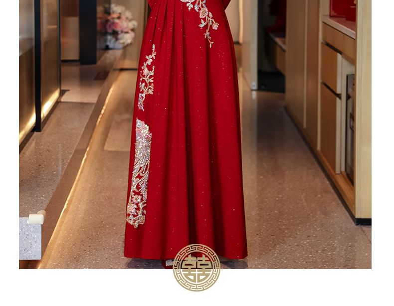 Long-Sleeve Square Neck Embroidered A-Line Evening Gown