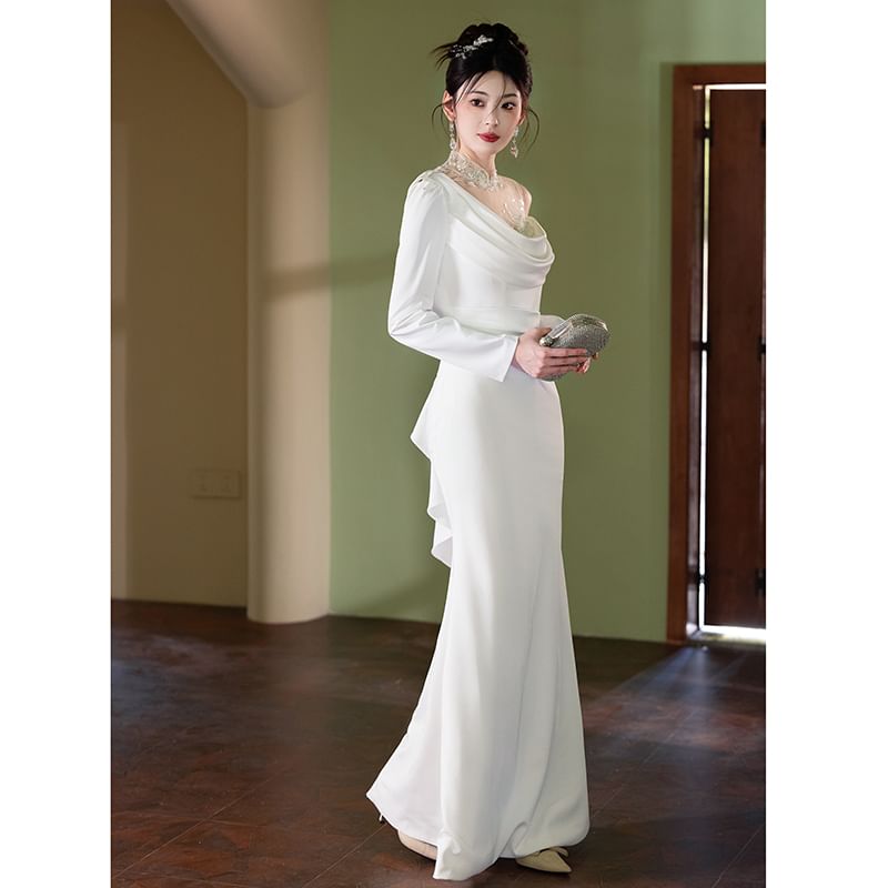 Long-Sleeve Open Back Plain Maxi Mermaid Dress