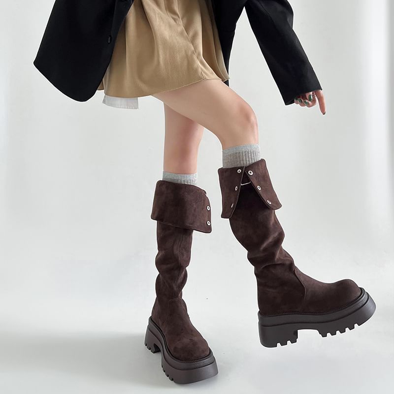 Over The Platform Suede Boots Button Buckled Knee Faux
