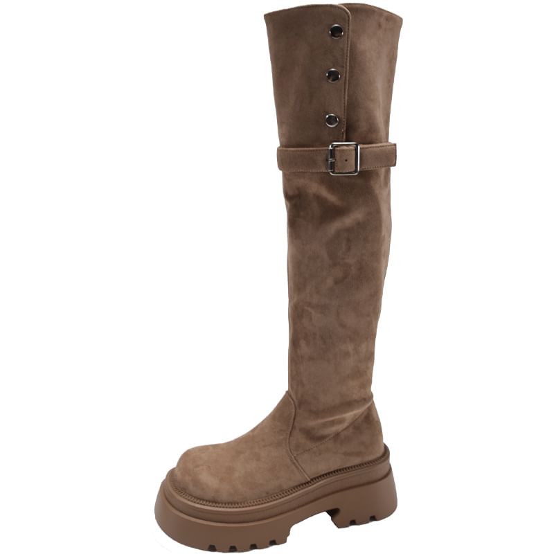 Over The Platform Suede Boots Button Buckled Knee Faux