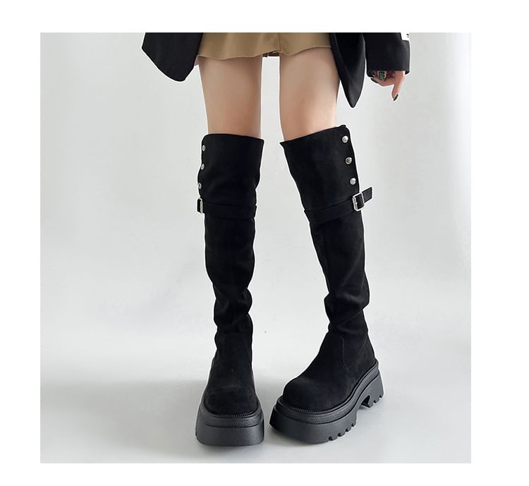 Over The Platform Suede Boots Button Buckled Knee Faux