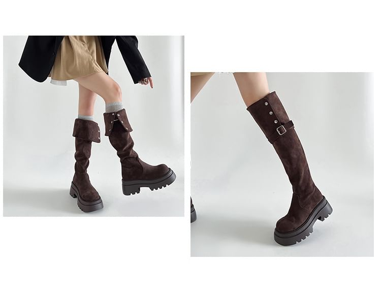 Over The Platform Suede Boots Button Buckled Knee Faux