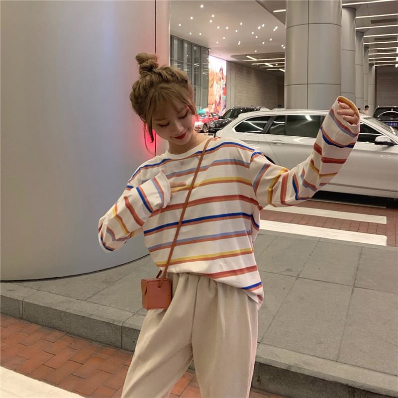 Long Sleeve Crew Neck Striped Tee