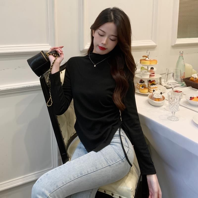 Long Sleeve Mock Neck Plain Drawstring Top