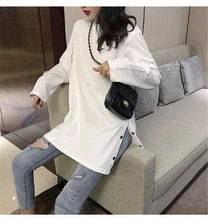 Long Sleeve Crew Neck Plain Button Slit Tee