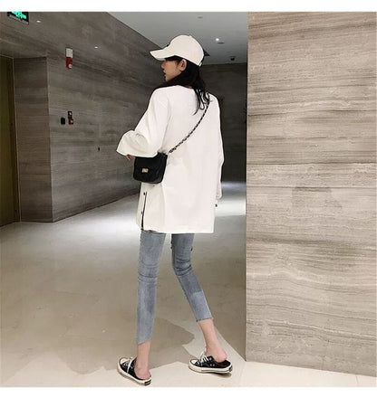 Long Sleeve Crew Neck Plain Button Slit Tee