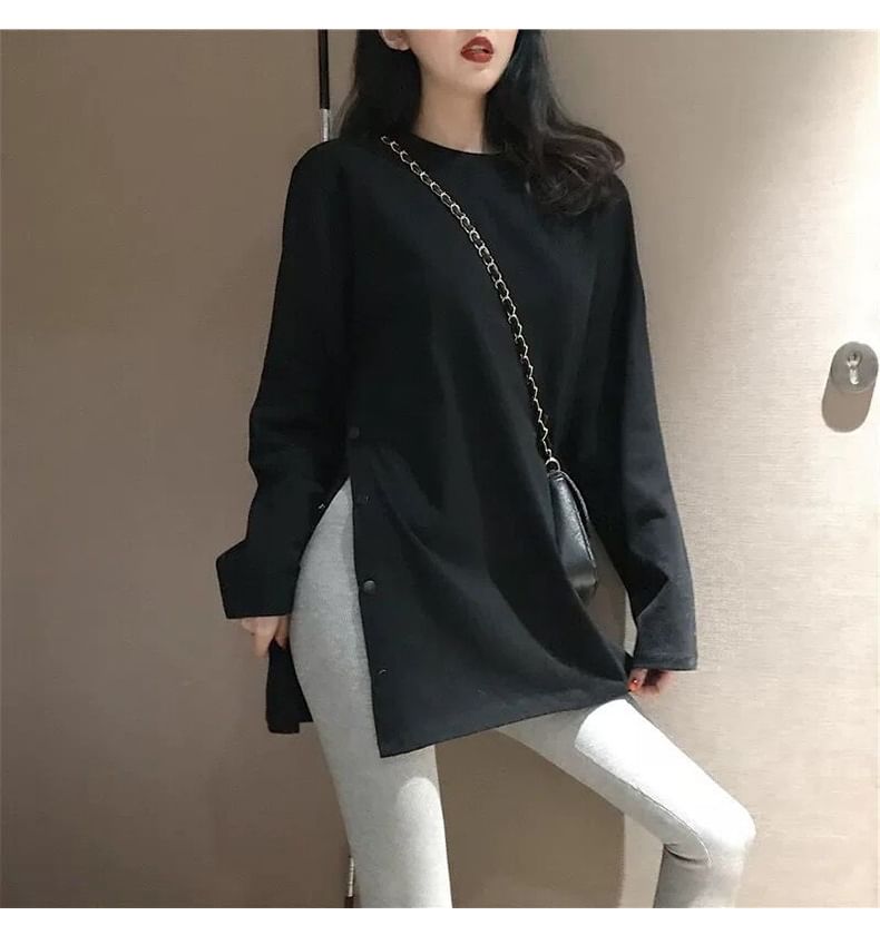 Long Sleeve Crew Neck Plain Button Slit Tee