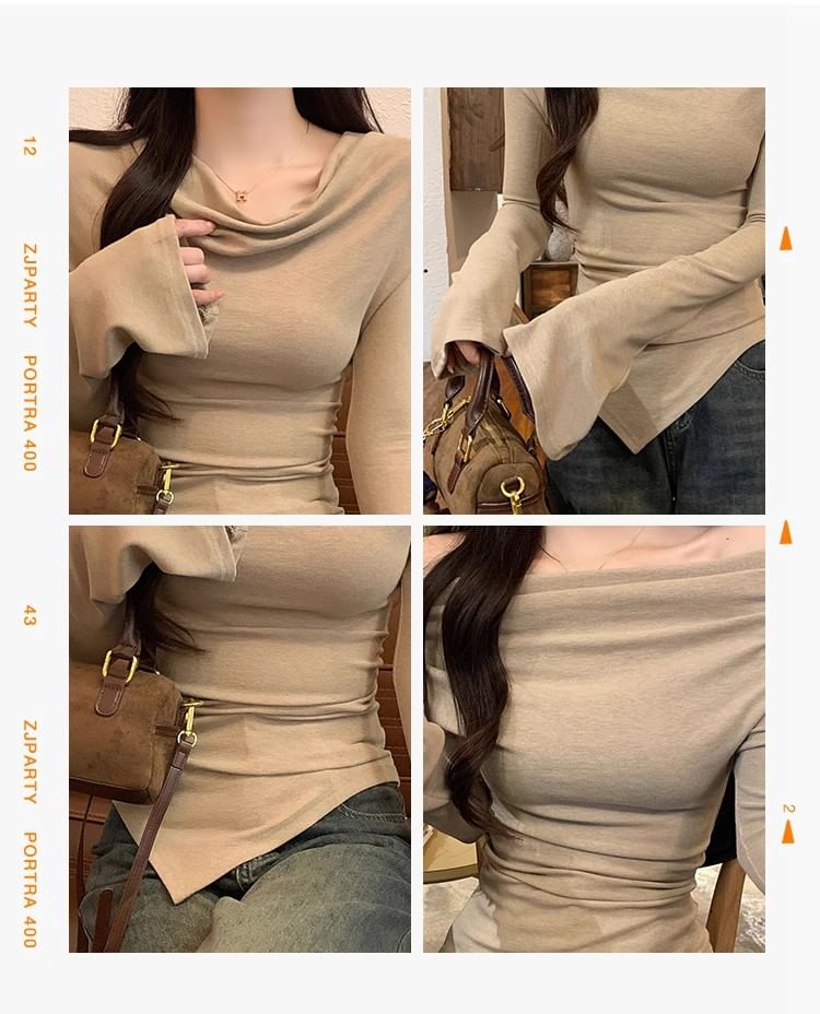 Long Sleeve Cowl Neck Plain Asymmetrical Top