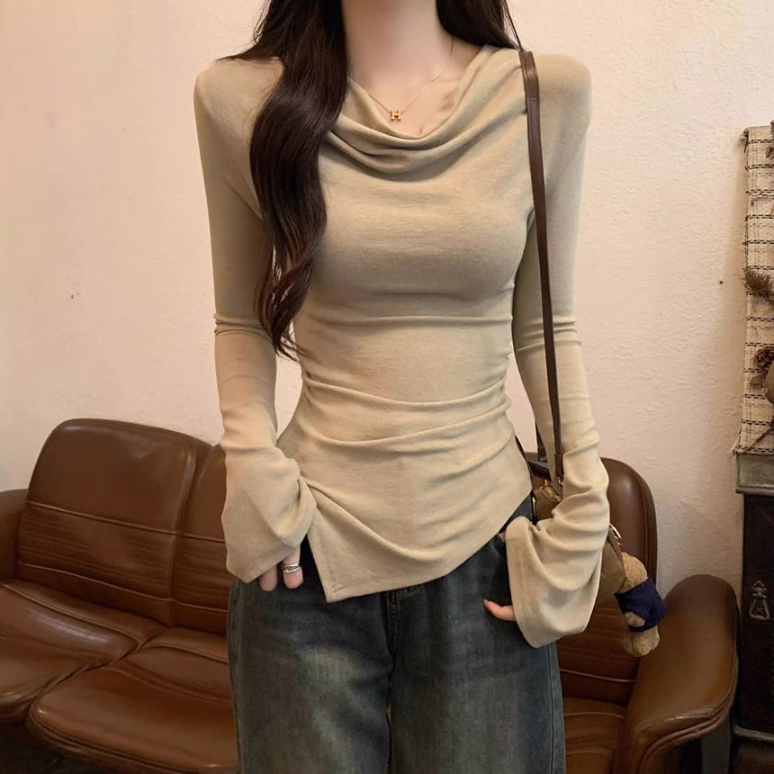 Long Sleeve Cowl Neck Plain Asymmetrical Top