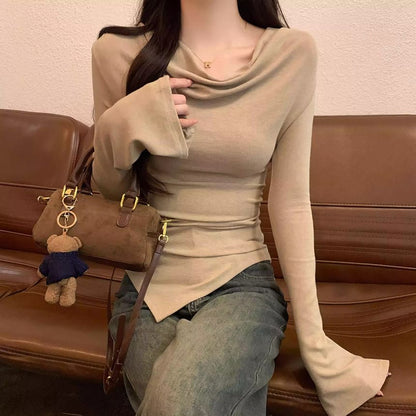 Long Sleeve Cowl Neck Plain Asymmetrical Top