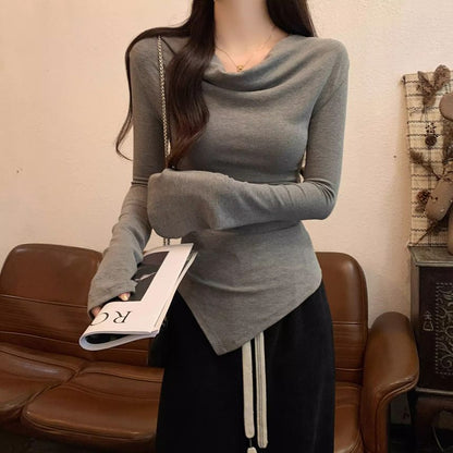 Long Sleeve Cowl Neck Plain Asymmetrical Top