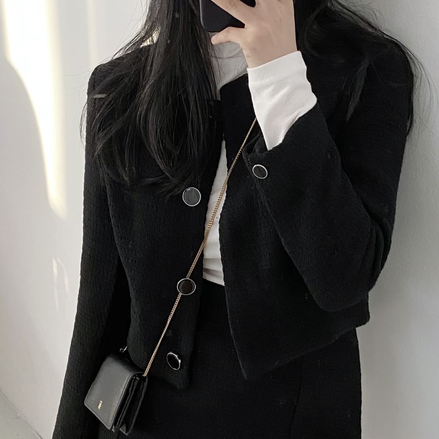 Crew Neck Plain Button-Up Tweed Crop Jacket / High Waist Slit Mini Pencil Skirt