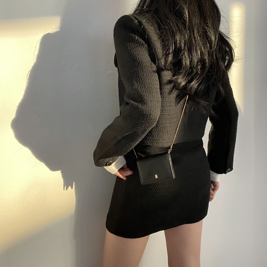 Crew Neck Plain Button-Up Tweed Crop Jacket / High Waist Slit Mini Pencil Skirt
