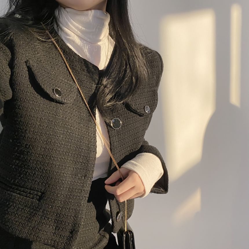 Crew Neck Plain Button-Up Tweed Crop Jacket / High Waist Slit Mini Pencil Skirt