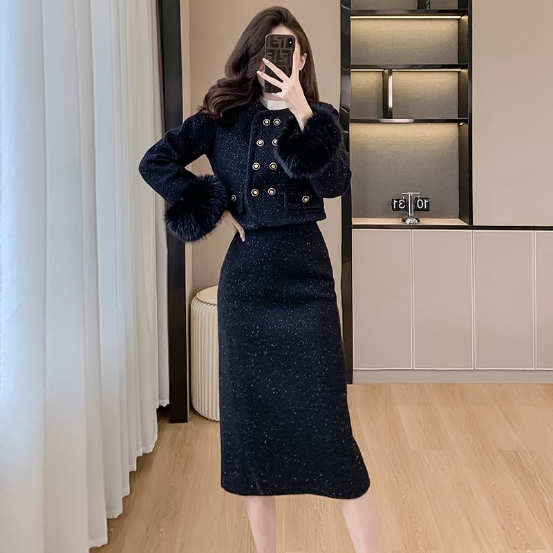 Set: Fluffy Cuff Round Neck Quilted Lining Tweed Double Breasted Jacket + High Rise Midi Pencil Skirt