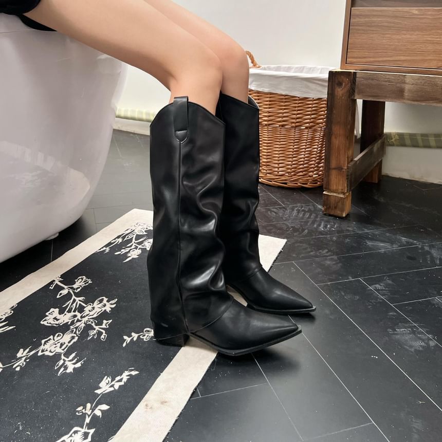 Chunky Heel Pointed Toe Plain Faux Leather Tall Boots