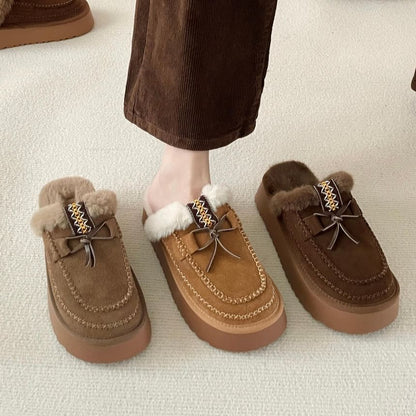 Platform Bow Accent Fleece-Lined Moccasin Mules