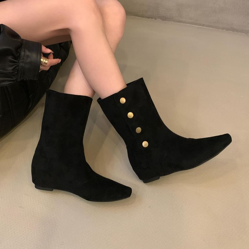 Hidden Wedge Plain Buttoned Mid-Calf Boots