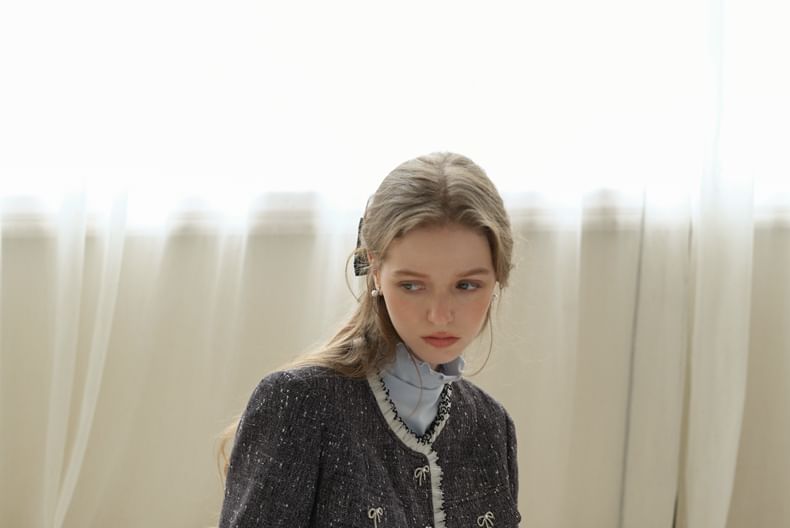 Frill Trim Button-Up Tweed Jacket / Asymmetrical Skirt