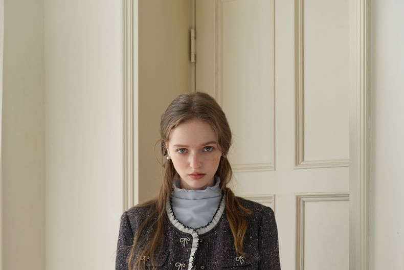 Frill Trim Button-Up Tweed Jacket / Asymmetrical Skirt