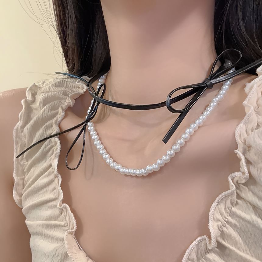 Faux Leather Bow Faux Pearl Bead Layered Necklace