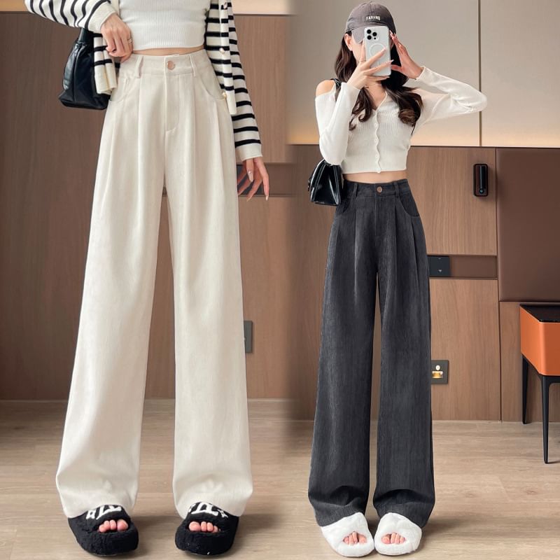 High Rise Plain Corduroy Wide Leg Dress Pants