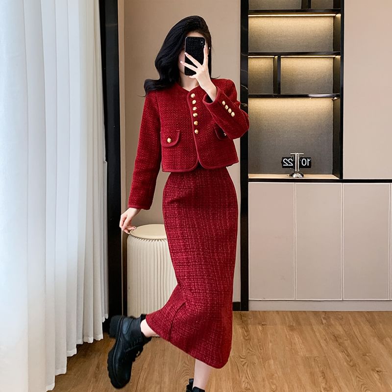 Set: V-Neck Plain Button-Up Tweed Crop Jacket + High Waist Pencil Skirt (Various Designs)