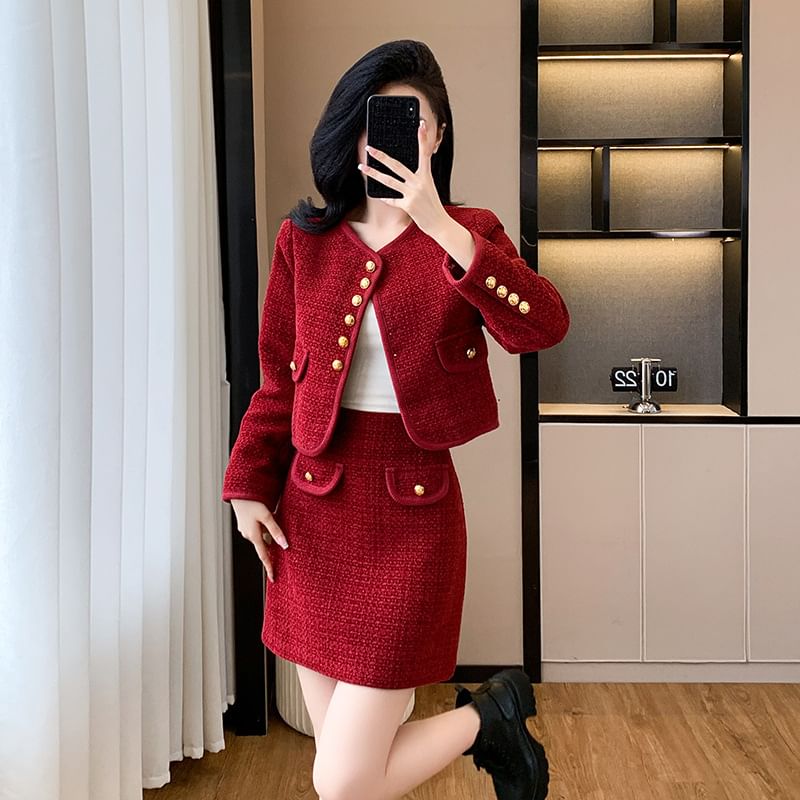 Set: V-Neck Plain Button-Up Tweed Crop Jacket + High Waist Pencil Skirt (Various Designs)