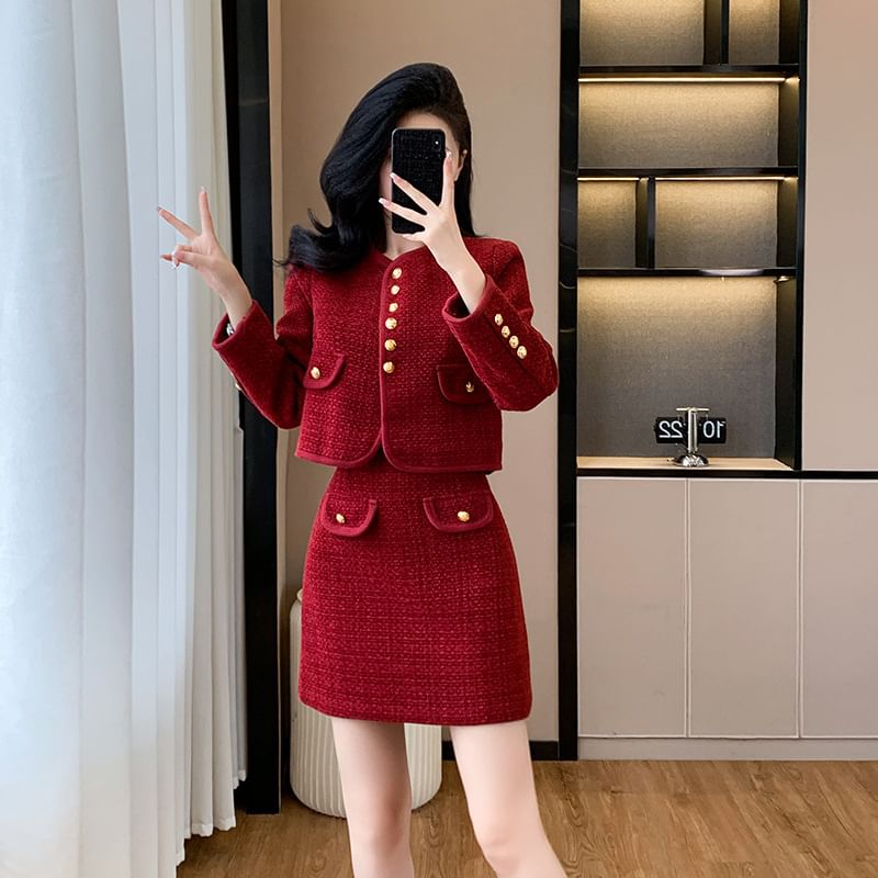 Set: V-Neck Plain Button-Up Tweed Crop Jacket + High Waist Pencil Skirt (Various Designs)