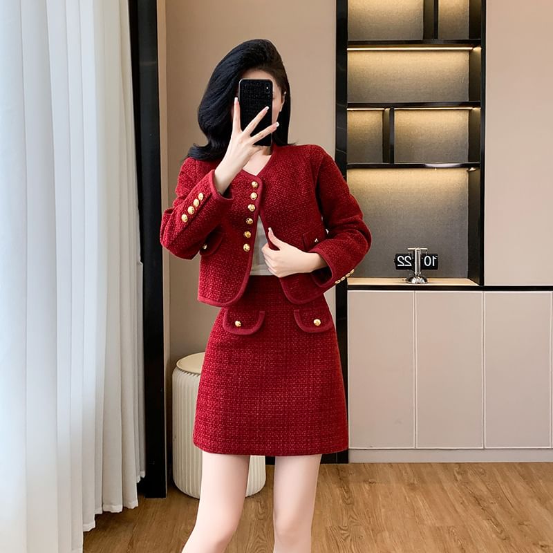 Set: V-Neck Plain Button-Up Tweed Crop Jacket + High Waist Pencil Skirt (Various Designs)