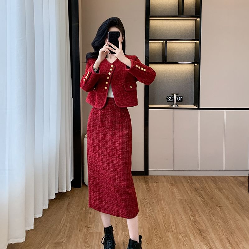 Set: V-Neck Plain Button-Up Tweed Crop Jacket + High Waist Pencil Skirt (Various Designs)
