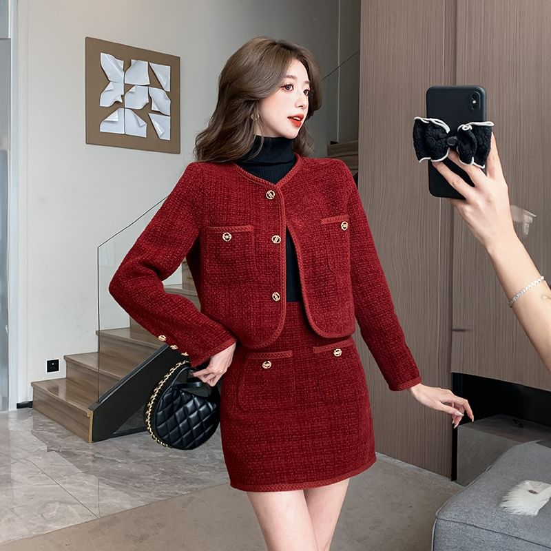 Set: Crew Neck Plain Button-Up Tweed Crop Jacket + High Waist Mini Pencil Skirt