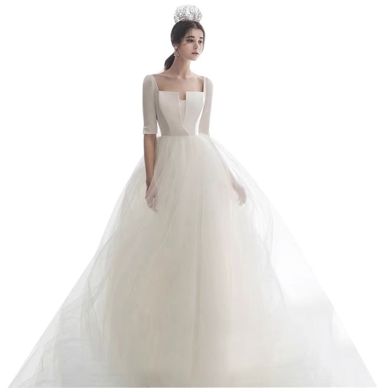 Elbow-Sleeve Square Neck Plain Mesh Panel A-Line Wedding Gown