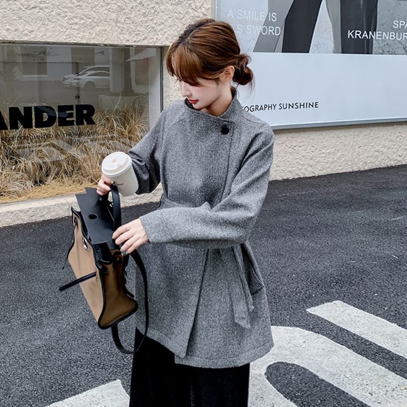 Mock Neck Asymmetrical Button-Up Coat